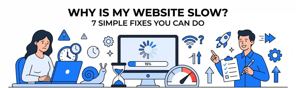 An illustrated web banner with the title "WHY IS MY WEBSITE SLOW? 7 SIMPLE FIXES YOU CAN DO". On a white background, it features blue and black flat vector drawings: a worried woman on a slow laptop, a snail, a desktop with a loading wheel and 15% progress bar, speed and time icons, and a smiling specialist holding a checklist with arrows and a rocket indicating speed optimization fixes.