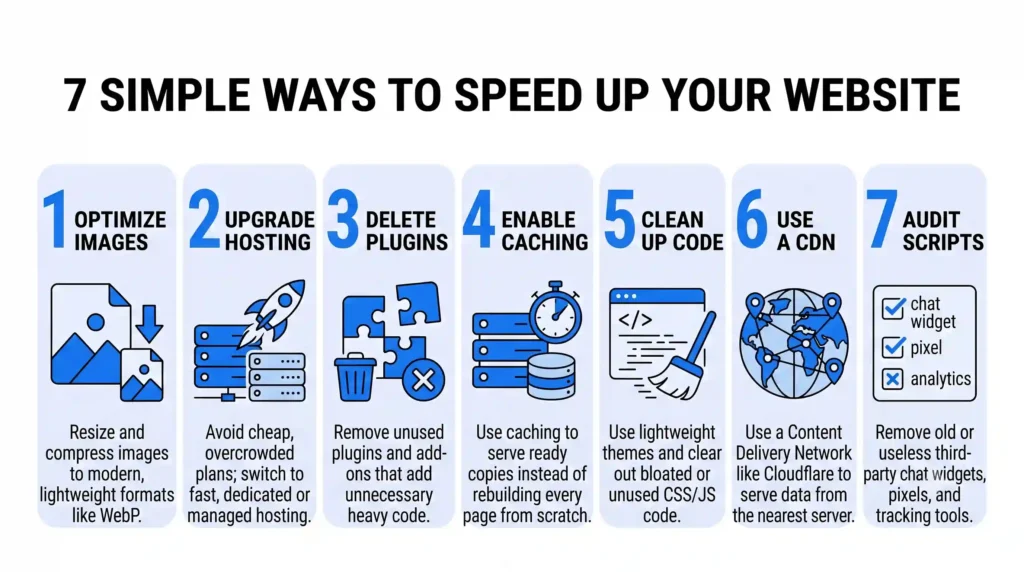 A vertical 7-step infographic titled "7 SIMPLE WAYS TO SPEED UP YOUR WEBSITE" using black, blue, and light blue illustrations on a white background. Each of the 7 numbered columns outlines a fix: (1) Optimize Images, (2) Upgrade Hosting, (3) Delete Plugins, (4) Enable Caching, (5) Clean Up Code, (6) Use a CDN, and (7) Audit Scripts, featuring icons like compressed files, a rocket, puzzle pieces, a clock, code sweeping, a global network, and a script checklist.