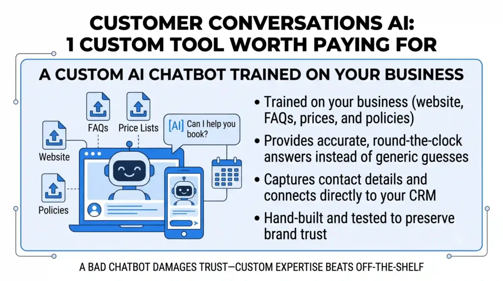 A horizontal section banner titled "CUSTOMER CONVERSATIONS AI: 1 CUSTOM TOOL WORTH PAYING FOR" on a white background. It highlights a Custom AI Chatbot trained on website and business data to provide 24/7 accurate replies, connect with CRM, and capture leads, framed in blue.