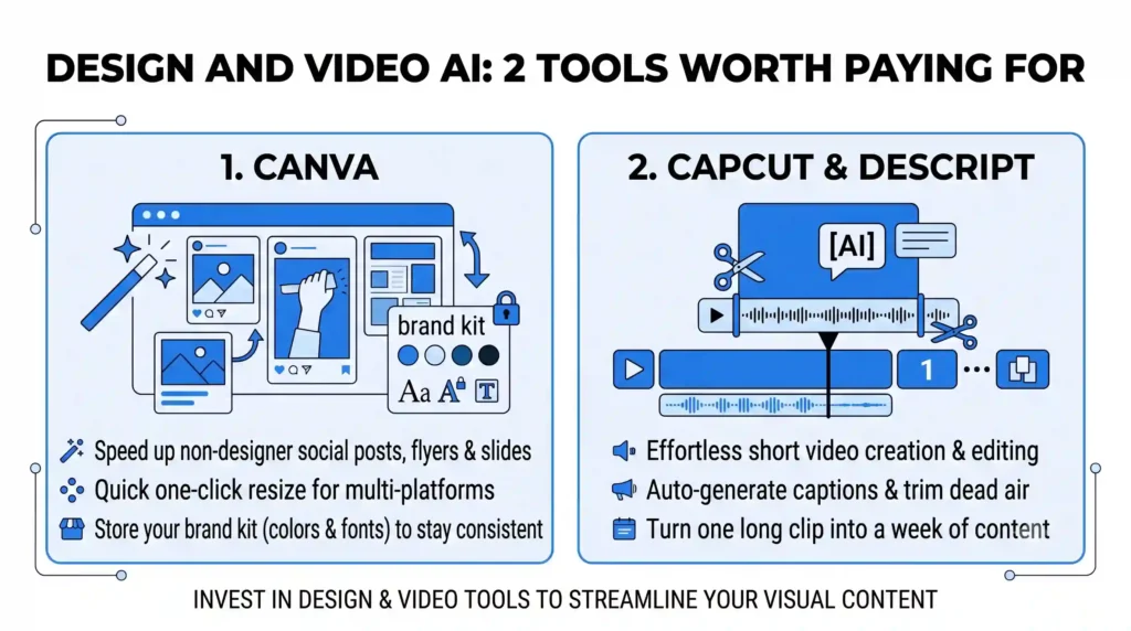A horizontal section banner with the title "DESIGN AND VIDEO AI: 2 TOOLS WORTH PAYING FOR" on a white background. Features two blue-bordered cards: '1. CANVA' for quick social posts and brand kit storage, and '2. CAPCUT & DESCRIPT' for automated short video editing.