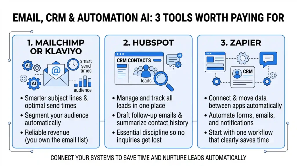 A horizontal section banner titled "EMAIL, CRM & AUTOMATION AI: 3 TOOLS WORTH PAYING FOR" featuring three blue-accented cards on a white background: '1. MAILCHIMP OR KLAVIYO' for smart email marketing, '2. HUBSPOT' for centralized lead tracking, and '3. ZAPIER' for cross-app automation