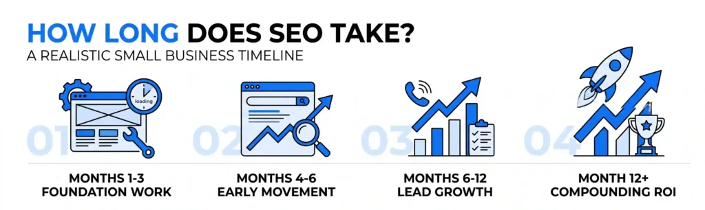 Small business SEO timeline visual highlighting key phases from initial foundation work to long-term compounding ROI.