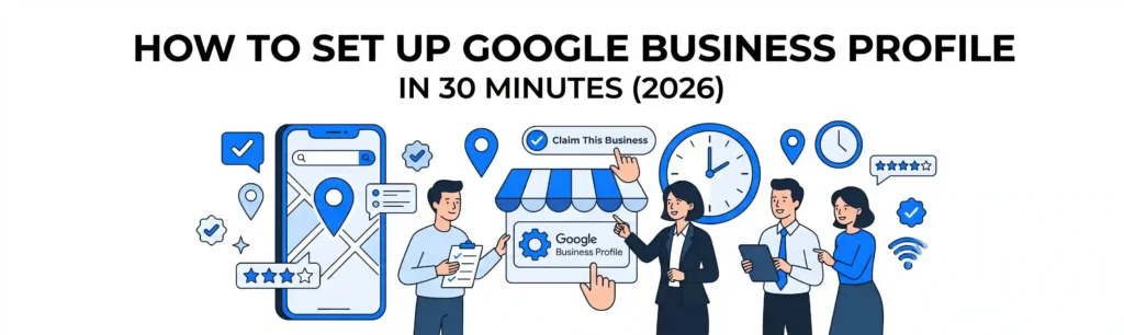 Illustration of a team optimizing a Google Business Profile listing with map pin and review icons