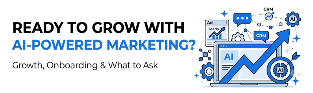 Blog header banner titled 'Ready to Grow With AI-Powered Marketing?' featuring a laptop with upward growth charts, CRM connections, and marketing AI icons in blue and black line art style.