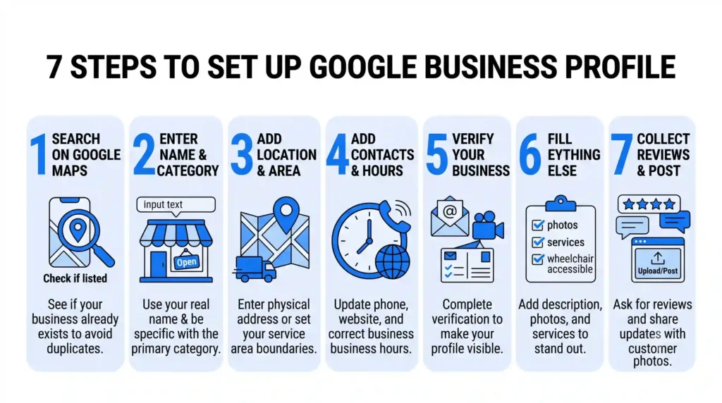 7-step infographic guide on how to set up and optimize a Google Business Profile