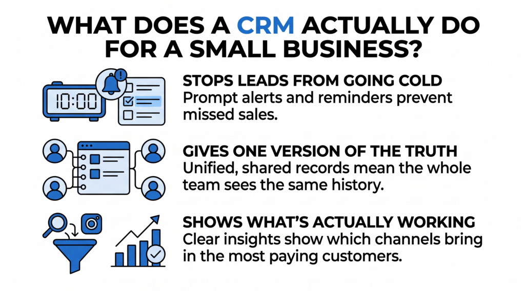 Visual breakdown of how CRM software prevents cold leads, unifies team records, and tracks sales channels.