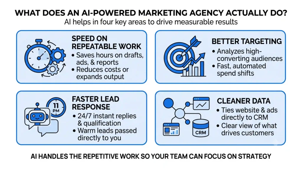 Infographic breaking down 4 key functions of an AI-powered marketing agency: Speed on Repeatable Work, Better Targeting, Faster Lead Response, and Cleaner Data, presented with blue vector icons in structured cards.