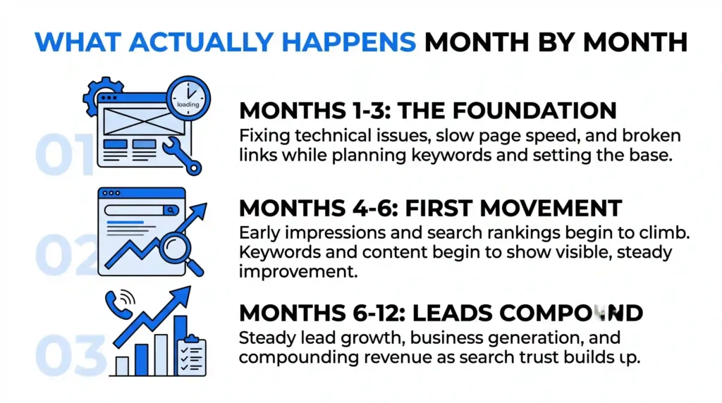 3-step breakdown of a month-by-month SEO timeline covering technical foundation, initial ranking movement, and lead compounding
