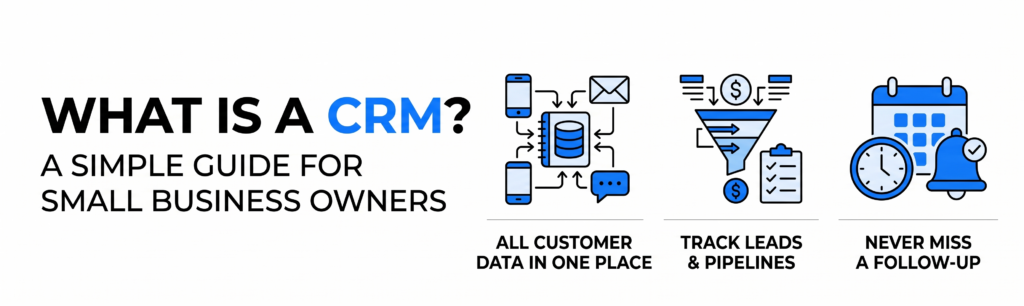 Overview banner illustrating core CRM functions including data centralizing, lead pipeline tracking, and follow-up reminders.