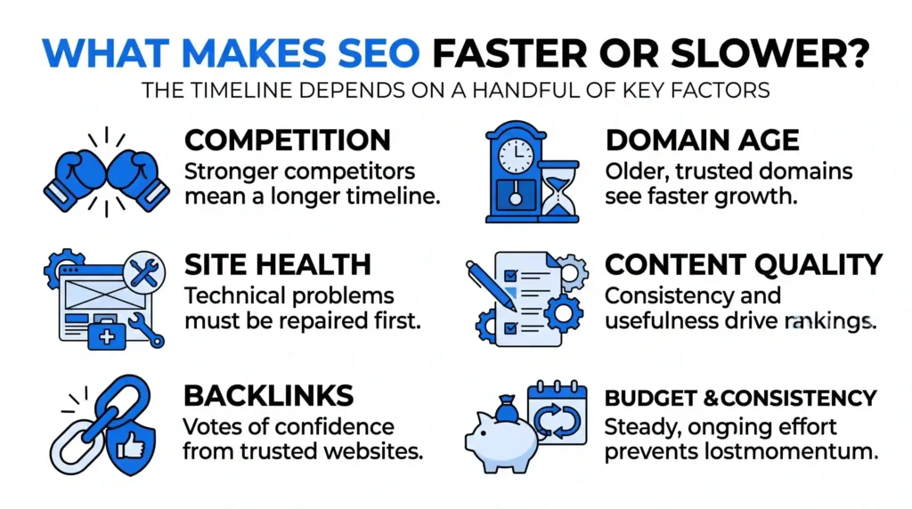Graphic detailing key factors influencing SEO speed including competition, domain age, site health, content quality, backlinks, and budget.