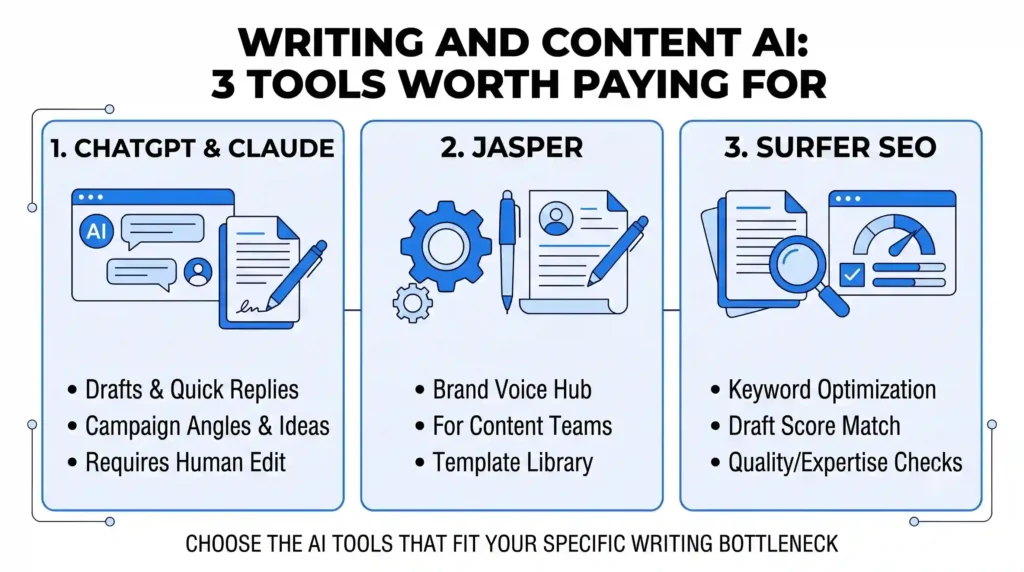 A horizontal section banner titled "WRITING AND CONTENT AI: 3 TOOLS WORTH PAYING FOR" featuring three blue-accented cards: '1. CHATGPT & CLAUDE' for drafts, '2. JASPER' for consistent brand voice, and '3. SURFER SEO' for search-focused draft scoring